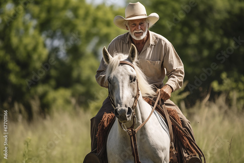 Senior Caucasian man riding a horse through the field on a ranch