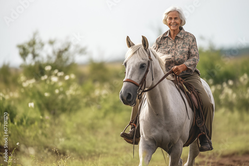 Senior asian woman riding a horse through the field on a ranch