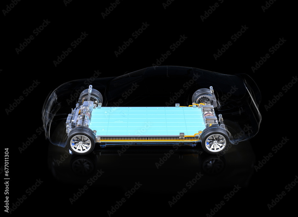 Electric car battery with pack of battery cells module on platform