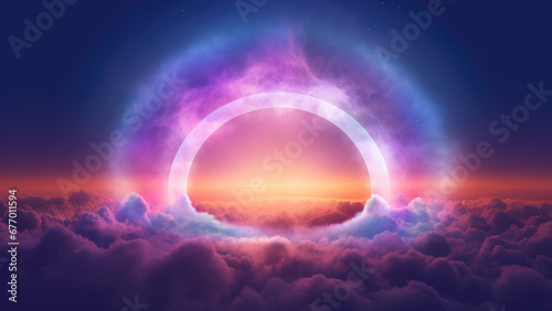 Beautiful neon colorful cloud with a rainbow ring background  in the style of luminous light effects  realistic landscapes with soft edges  dark violet and orange.