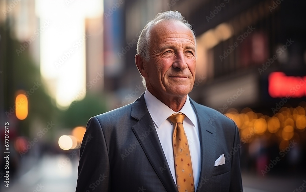 Smiling elderly business man looking away while standing against business office buildings. Smiling elderly business man looking away while standing against business office buildings.