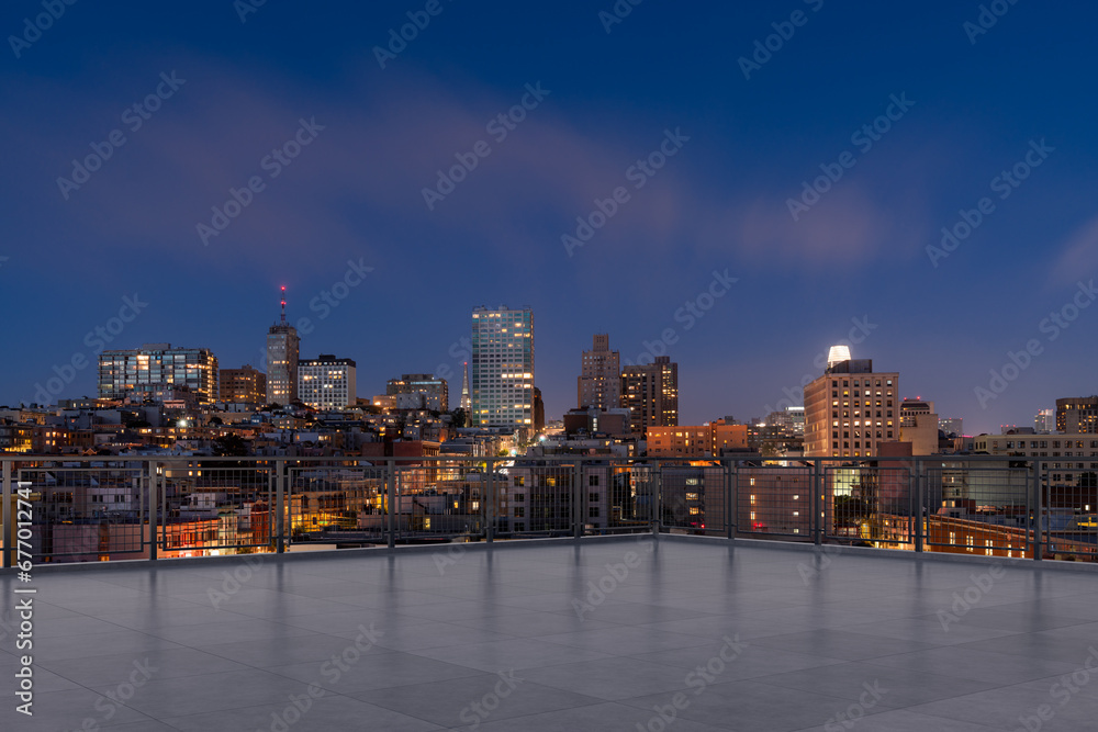 Skyscrapers Cityscape Downtown, San Francisco Skyline Buildings. Beautiful Real Estate. Night time. Empty rooftop View. Success concept.