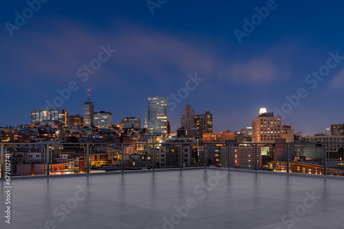 Skyscrapers Cityscape Downtown, San Francisco Skyline Buildings. Beautiful Real Estate. Night time. Empty rooftop View. Success concept. © VideoFlow