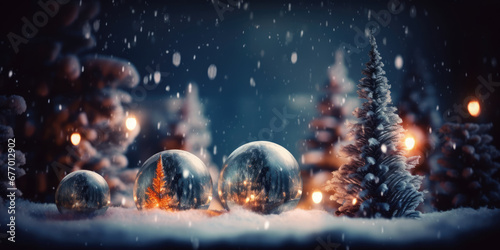 Christmas tree in glass bubble. Glass snow globe Christmas. Christmas Ball and fir tree in snow. Merry Christmas and Happy New Year. Snowy Winter Forest Background 
