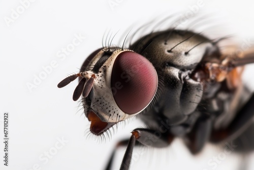 Close up macro photography of a house fly insect, domestic housefly closeup on the red eyes, isolated on a white background