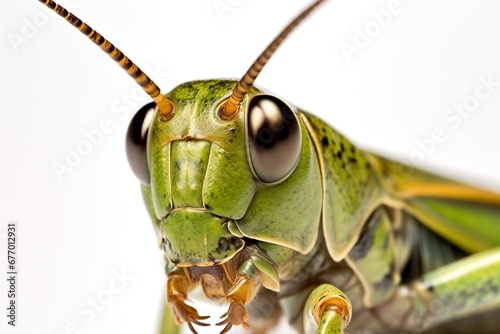 Close up macro photography of a Grasshoper closeup on the eyes, isolated on a white background © Alan