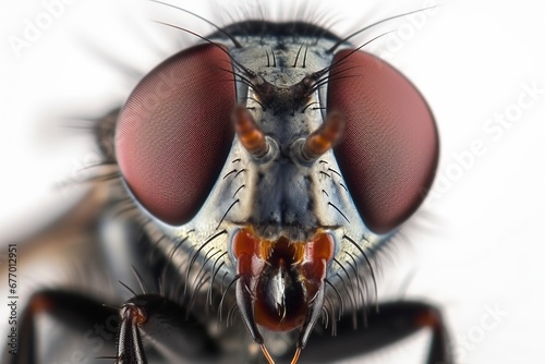 Close up macro photography of a house fly insect, domestic housefly closeup on the red eyes, isolated on a white background © Alan