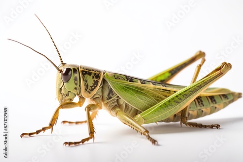 Close up macro photography of a Grasshoper closeup on the eyes, isolated on a white background