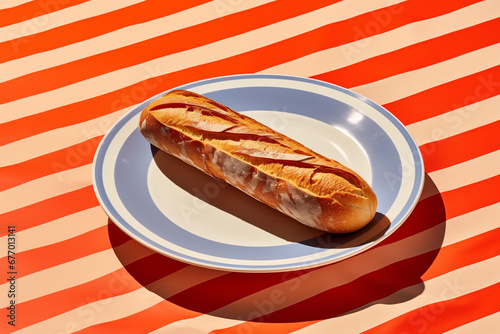 whole crusty French baguette bread on plate in sunshine on red and white stripe tablecloth