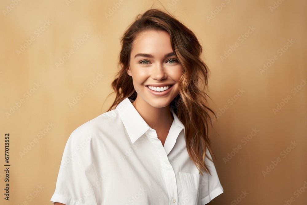 photo of a young woman wearing a white shirt and smiling looking at the camera, one color background, generative ai photo of a young woman wearing a white shirt and smiling looking at the camera, one color background, generative ai