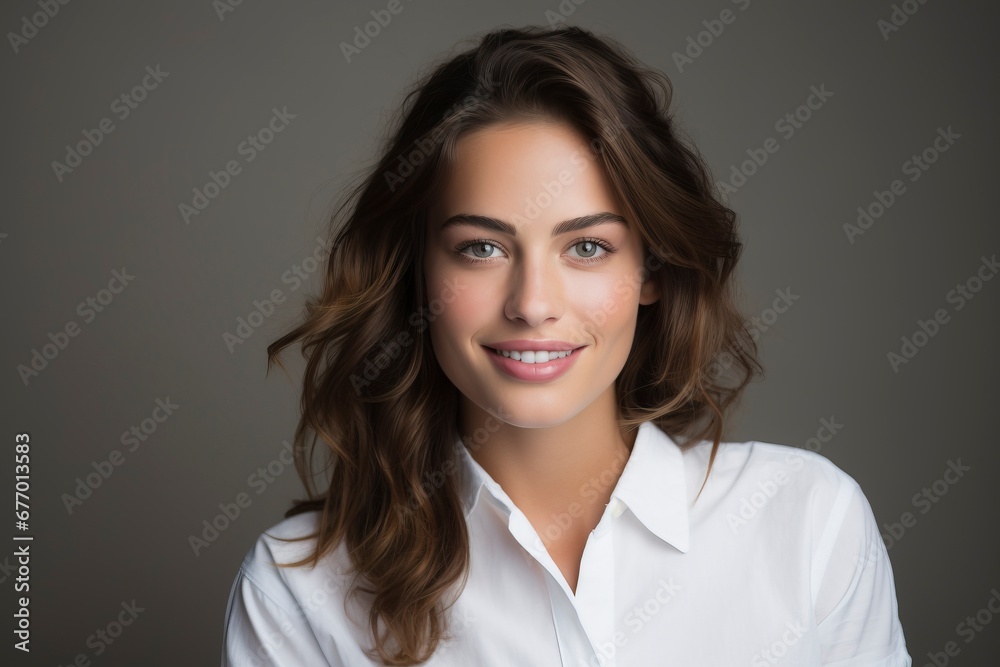 photo of a young woman wearing a white shirt and smiling looking at the camera, one color background, generative ai
