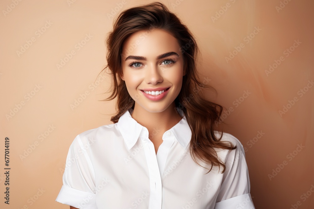 photo of a young woman wearing a white shirt and smiling looking at the camera, one color background, generative ai photo of a young woman wearing a white shirt and smiling looking at the camera, one color background, generative ai