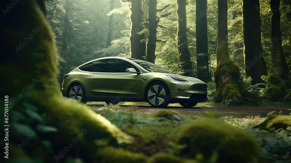 An electric car parked in a beautiful forest clearing,  blending with nature - obrazy, fototapety, plakaty 