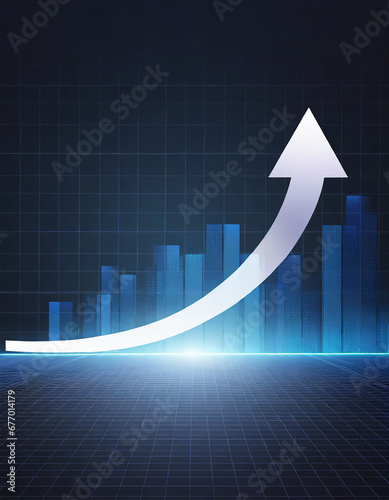 Light arrow up on grid dark background, copy space digital growth concept, generative ai