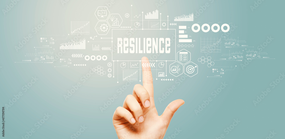 Resilience theme with hand pressing a button on a technology screen Resilience theme with hand pressing a button on a technology screen