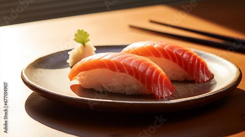 plate of two salmon nigiri with chopsticks in sunshine, editorial style