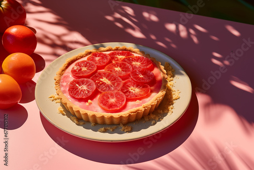 blood orange apple tart on pink table in sunshine with plant shadows