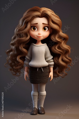 beautiful cute cartoon girl with long brown curly hair wearing a knitted sweater photo