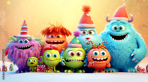 CHRISTMAS CARD WITH HAPPY  FUNNY  CARTOON MONSTERS  legal AI 