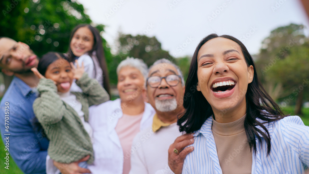 Park selfie of grandparents, happy kids and parents, smile and bonding on weekend in nature. Photography, fun and memory for big family on picnic, men and women with children in garden with smile.