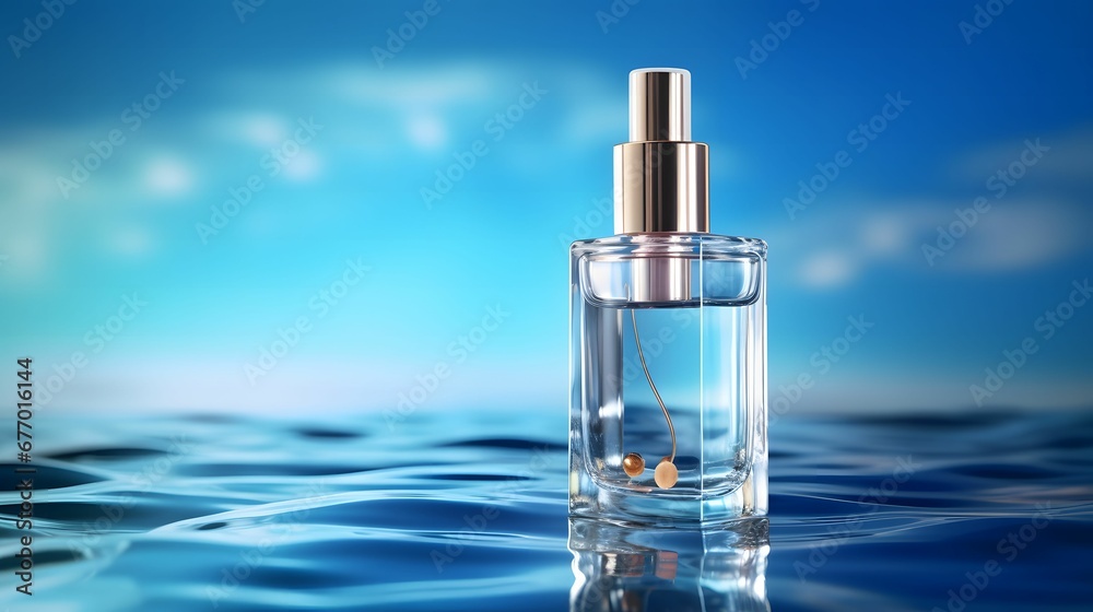 cosmetic spa medical skincare glass serum bottle with collagen on blue water background with waves cosmetic spa medical skincare glass serum bottle with collagen on blue water background with waves