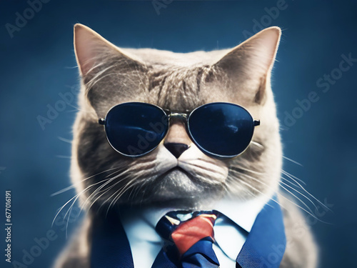 A cat wearing sunglasses and a suit with a tie.