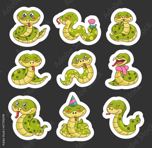 Cute happy snake cartoon. Sticker Bookmark. Kawaii python  wild exotic animal characters. Hand drawn style. Vector drawing. Collection of design elements.