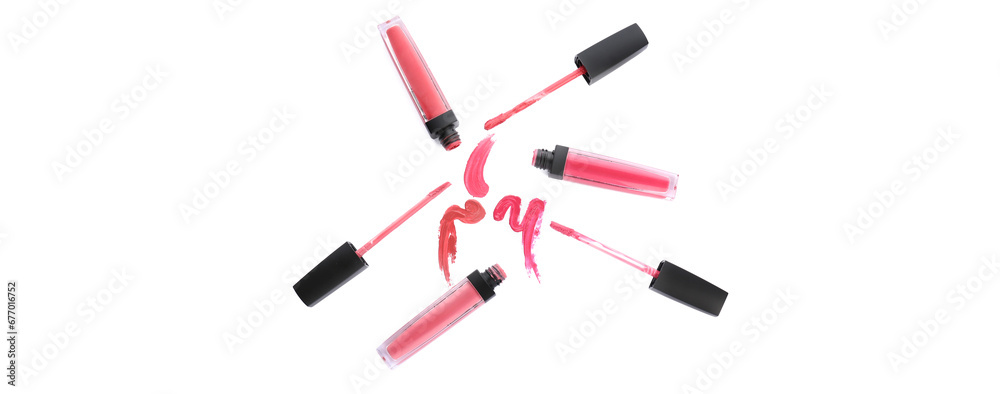 Different liquid lipsticks with strokes on white background, top view