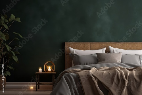 Cozy dark bedroom interior with bed and pillows, 3d render, Generative AI