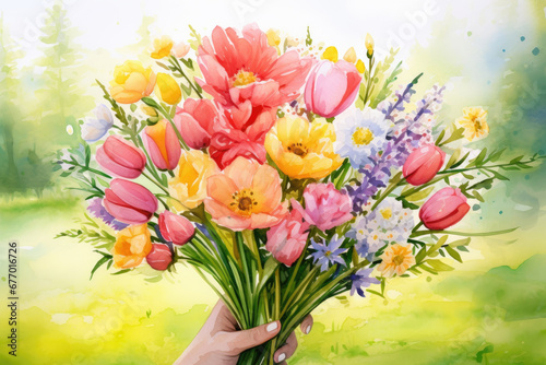 Wallpaper Mural Watercolor illustration of female hand with bouquet of spring flowers Torontodigital.ca