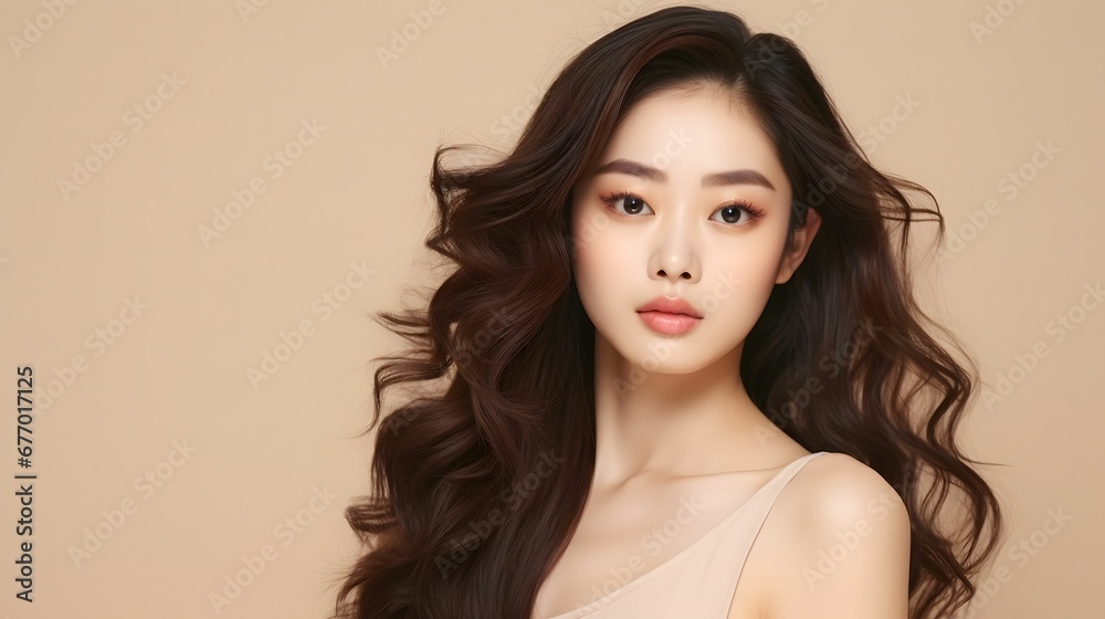 young asain women curly long hair perfect skin show copy space on her hand on isolated beige background