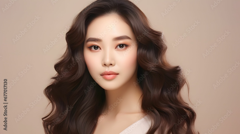 young asain women curly long hair perfect skin show copy space on her hand on isolated beige background young asain women curly long hair perfect skin show copy space on her hand on isolated beige background