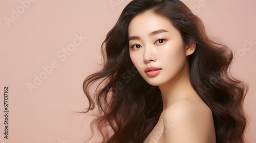 young asain women curly long hair perfect skin show copy space on her hand on isolated beige background