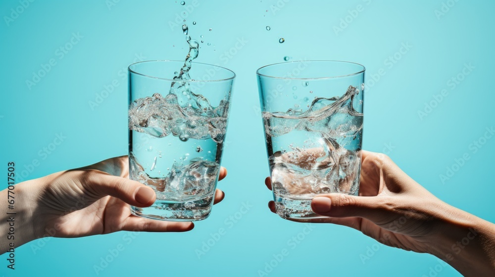 Two glasses of clean water on blue lights background. Celebration concept free from alcohol. dry january - obrazy, fototapety, plakaty 