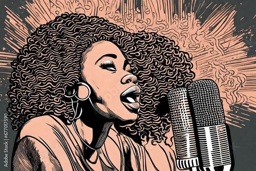 A black and white line drawing of a black african american woman singing in a nightclub
