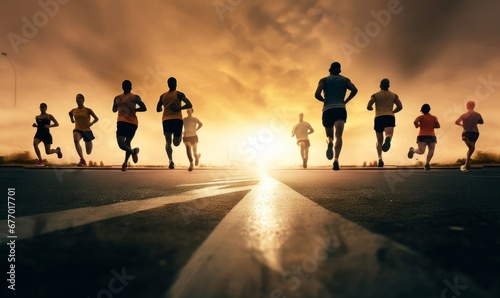 Start up of runner group running on sunrise on road, Generative AI
