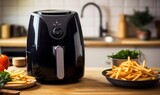 Black air fryer or oil free fryer appliance on the wooden table in the modern kitchen, Generative AI