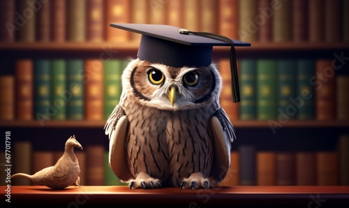 Wise owl wearing graduation cap and glasses against a stack of books on a table in a library among the shelves, Generative AI