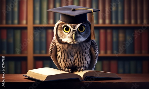 Wise owl wearing graduation cap and glasses against a stack of books on a table in a library among the shelves, Generative AI