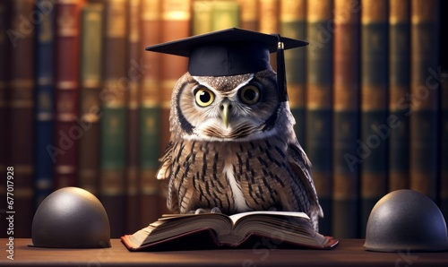 Wise owl wearing graduation cap and glasses against a stack of books on a table in a library among the shelves, Generative AI
