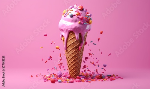 Full melting colorful ice cream cone on pink background,  Generative AI
