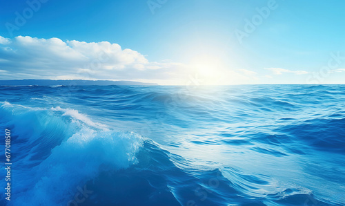 Blue sea water. Ocean surface natural background on sky. High quality photo