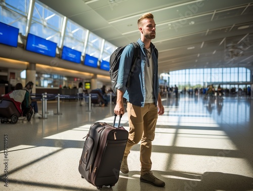 travel at the airport with backpack walking at the gate airport and excited man with passport journey and flight schedule search for traveler enjoy trip and holiday