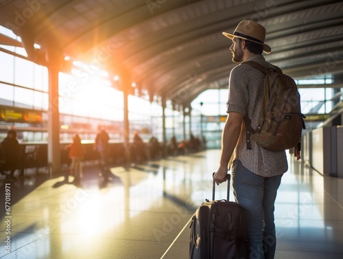 travel at the airport with backpack walking at the gate airport and excited man with passport journey and flight schedule search for traveler enjoy trip and holiday