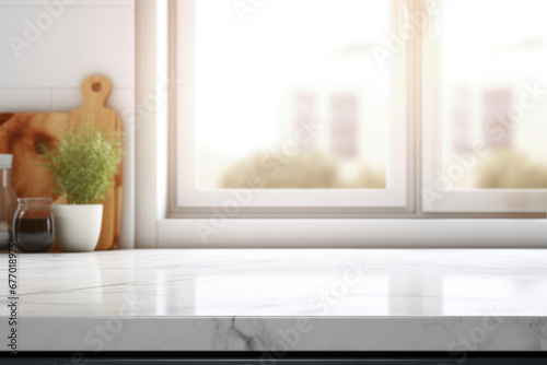 Empty white marble countertop in modern kitchen interior with sunlight from window background. High quality photo