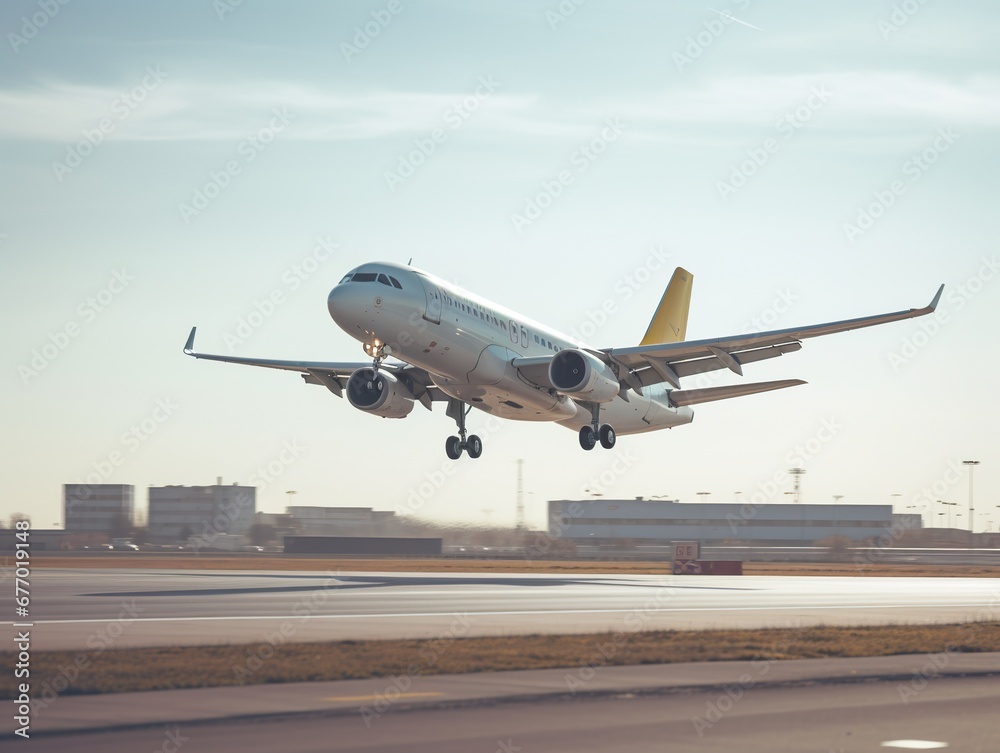 Airplane taking off from the airport. Passenger plane fly up over take-off runway from airport.