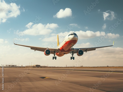 Airplane taking off from the airport. Passenger plane fly up over take-off runway from airport.