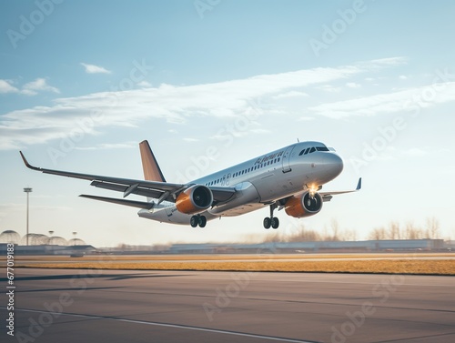 Airplane taking off from the airport. Passenger plane fly up over take-off runway from airport. © aporn