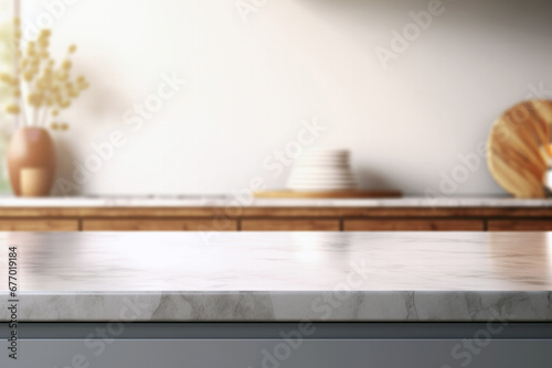 Close up of white marble table in modern kitchen interior with daylight from window background. High quality photo photo
