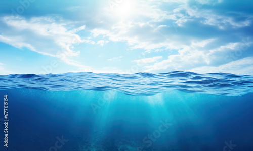 Underwater scene with sun rays and sea water surface. High quality photo